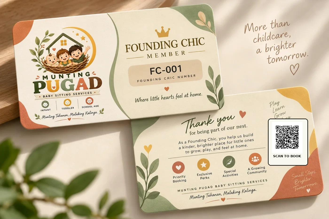 Munting Pugad Founding Chic member card and welcome card with a QR code to book